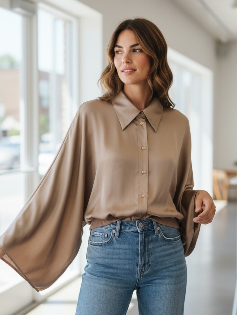 Angela Mele Milano Silk Taupe Button-Front Women's Top. Made In Italy.
